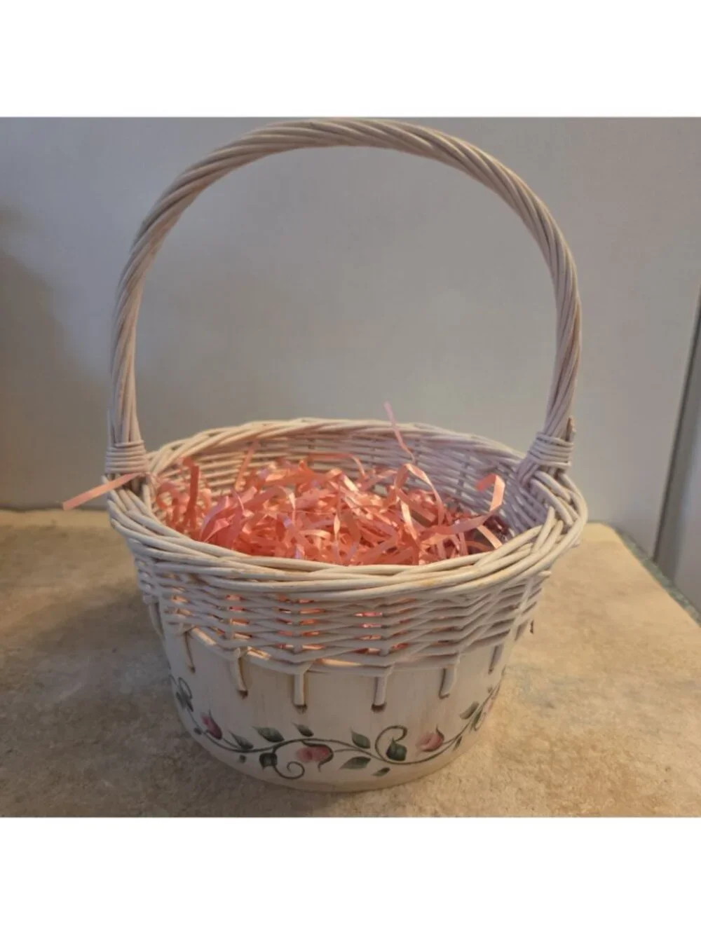 White Basket Painted with Pink Rose Buds Spring Decor
